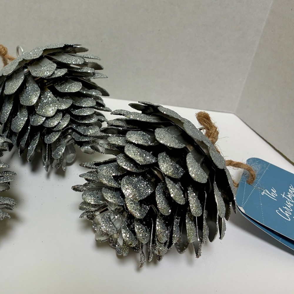 Set of 3 Glittery Silver Pinecone Ornaments - New
